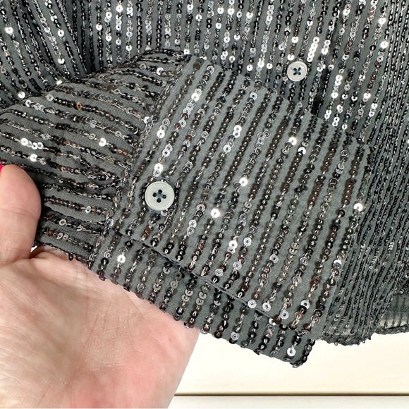 Anthropologie Sequin Button-down Shirt Slate Gray Top Medium Petite - Picture 10 of 15